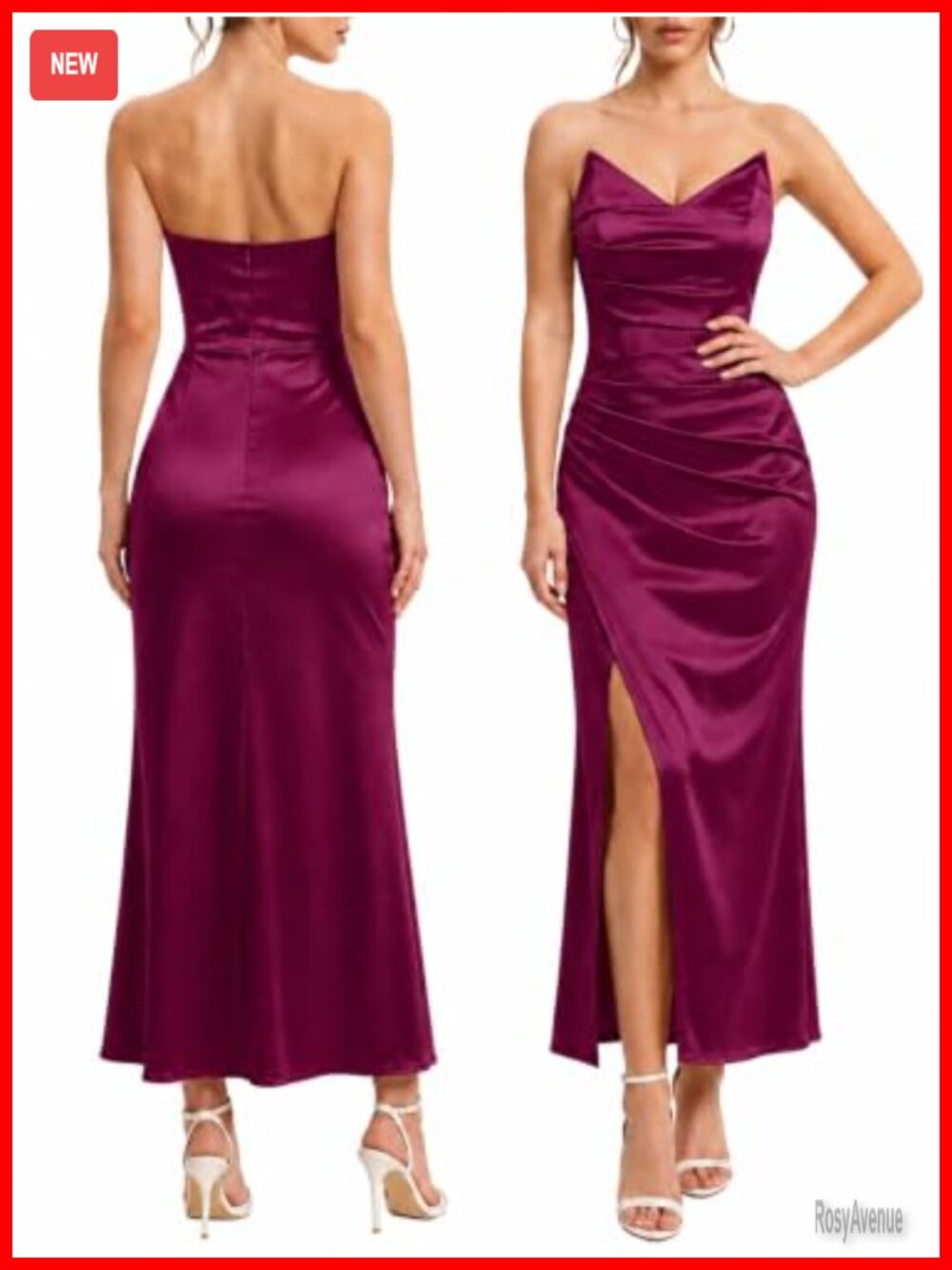 Satin Strapless Cowl V Neck Slit Maxi Evening Gown Formal Dress